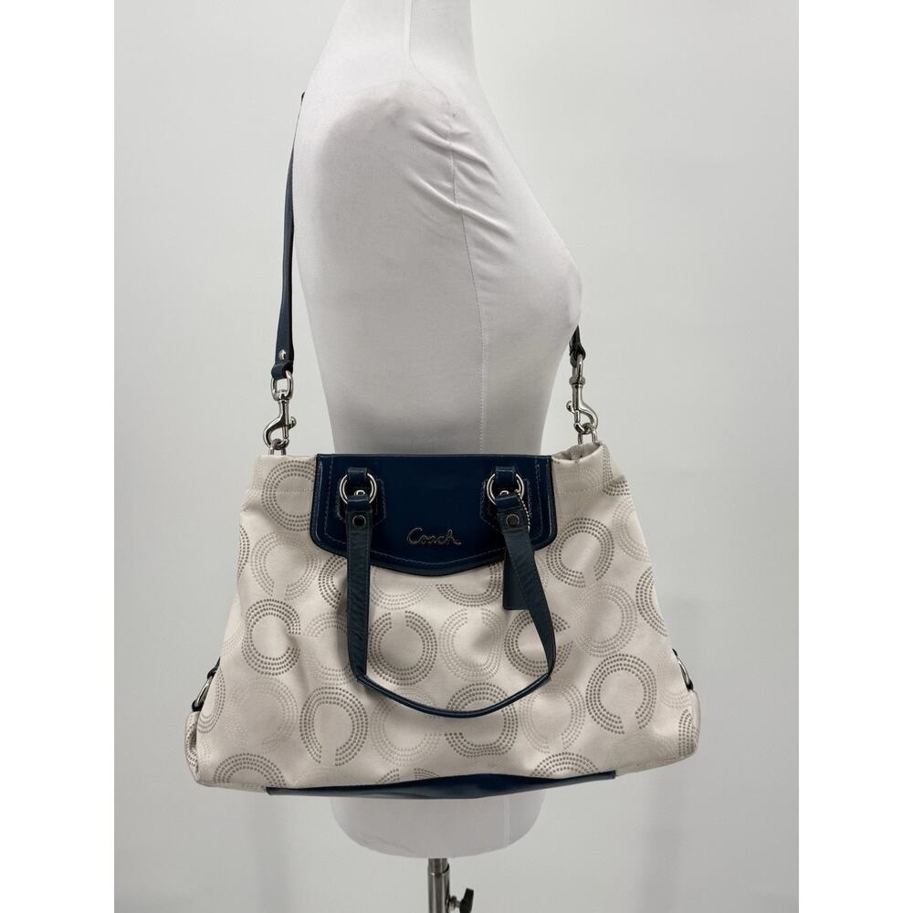 Coach Ashley Dotted Op Art Carryall Shoulder Bag Handbag Tote Purse Cream Blue
